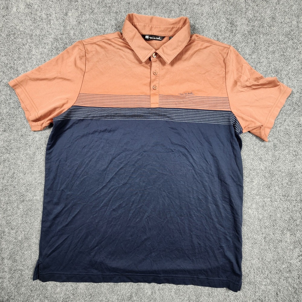 TravisMathew Mens XL Polo Shirt Colorblock Rust Navy Blue Striped Golf Top